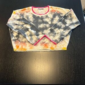 Brodie cashmere size XS back tie, slightly cropped sweater with hot pink trim